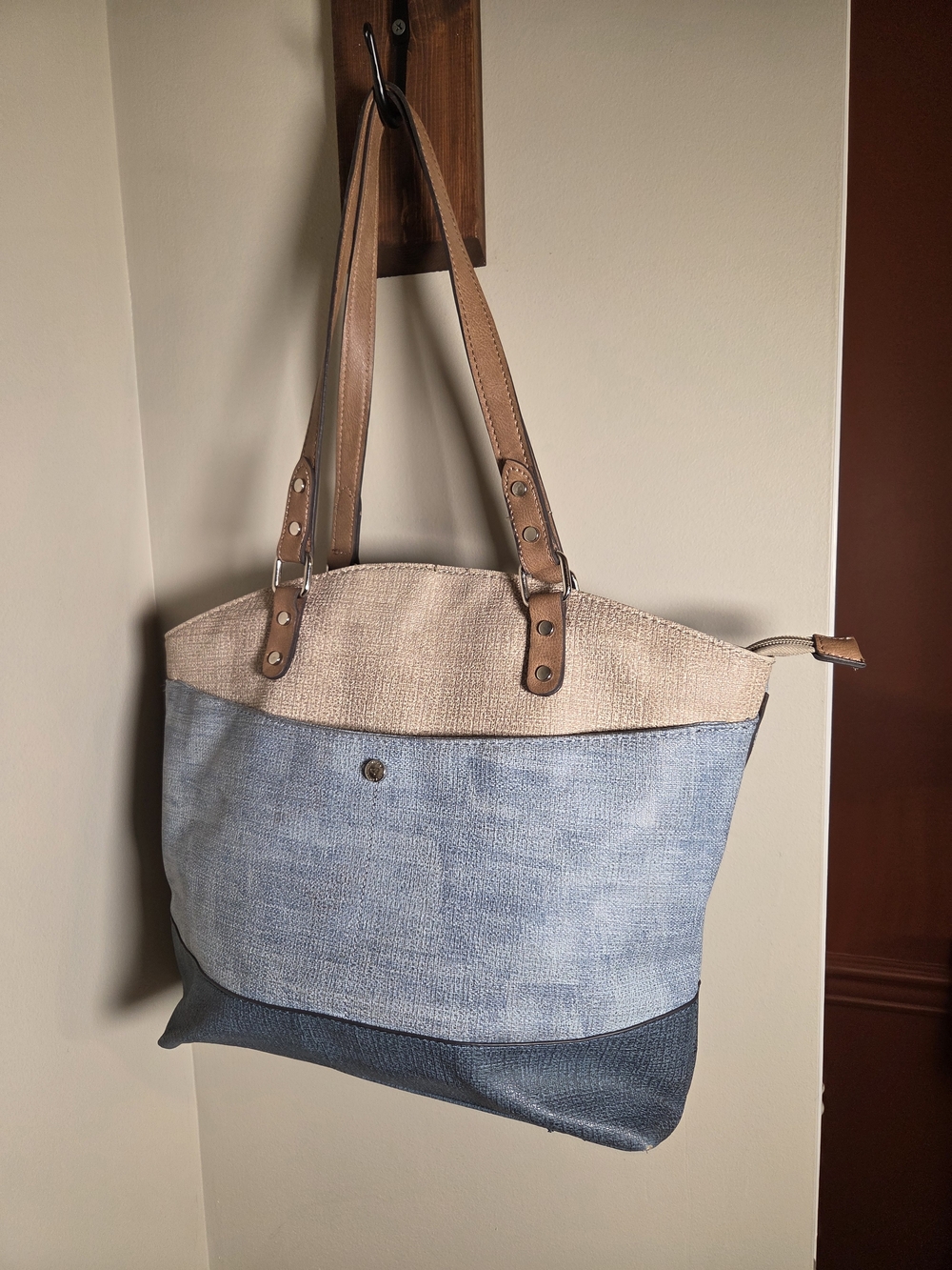 Companion Tri-Tone Faux Leather Shoulder Tote Bag - Blue/Beige